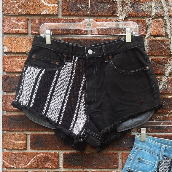 Levi's x Urban Renewal Reworked Baja Stripe Patchwork Black Denim Shorts - Picture 1 of 9